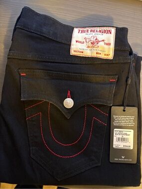 True Religion Men's Black Jeans with Red Contrast Stitching